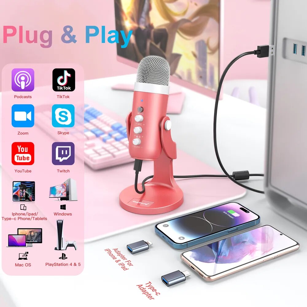 Haomuren USB مكثف ميكروفون الو - مراجعة Pc Gaming Pink وسعره